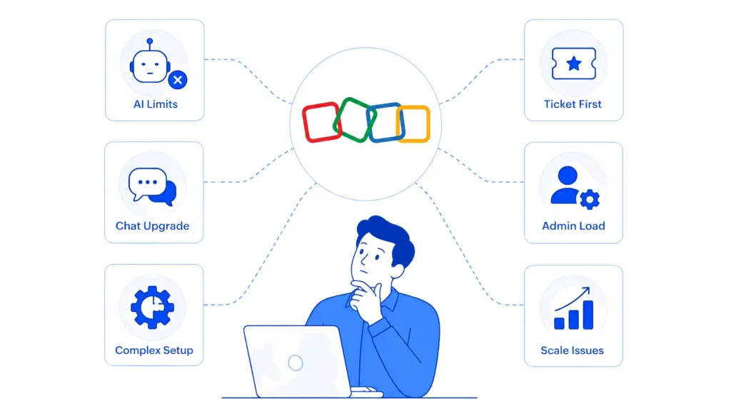 Person evaluating Zoho Desk alternatives, highlighting factors such as AI limitations, chat upgrades, complex setup, ticket-first workflows, admin workload, and scalability concerns.