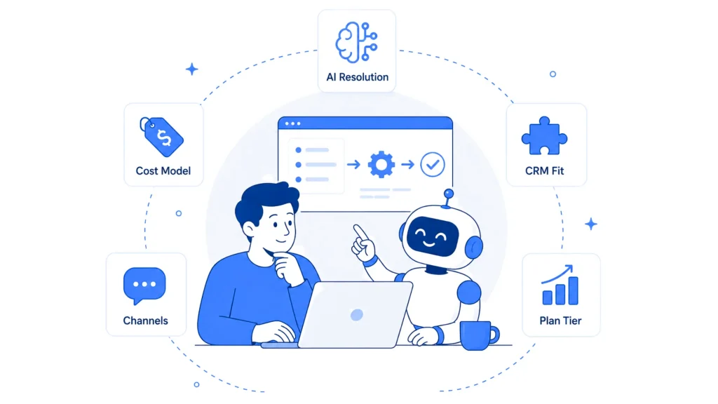 Illustration of a team selecting the right help desk platform based on AI resolution capabilities, CRM integration, communication channels, pricing model, and plan scalability.