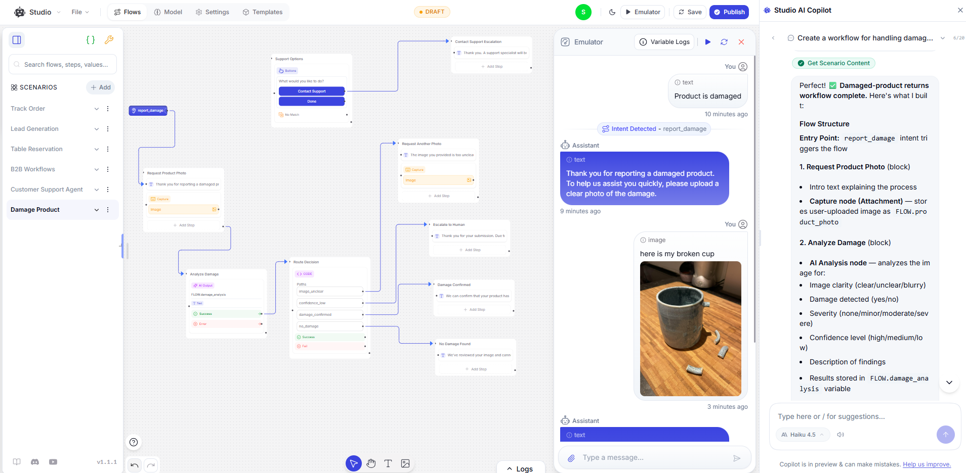 AI Studio damaged-product workflow with evidence collection and a human escalation branch beside the Emulator