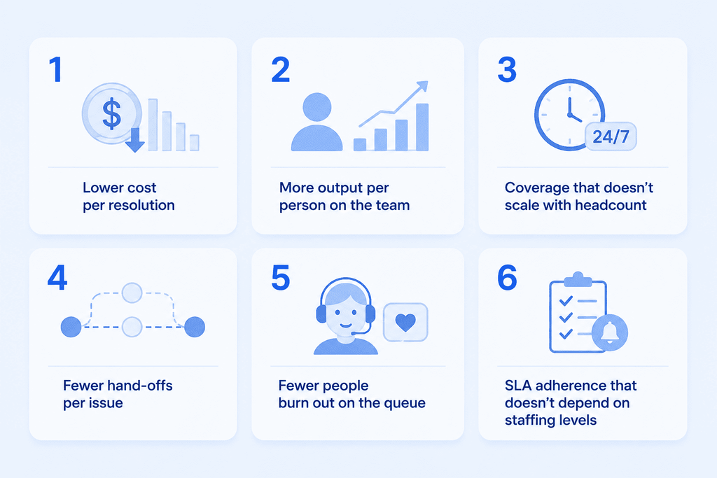 Infographic showing six operational impacts of agentic AI in customer experience: lower cost per resolution, higher team productivity, 24/7 coverage, fewer hand-offs, reduced agent burnout, and better SLA adherence.