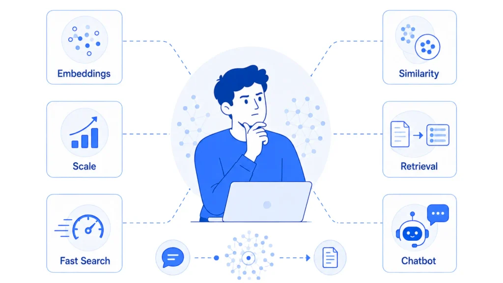 Illustration showing how embeddings, vector search, similarity matching, retrieval, and chatbots work together in AI systems.