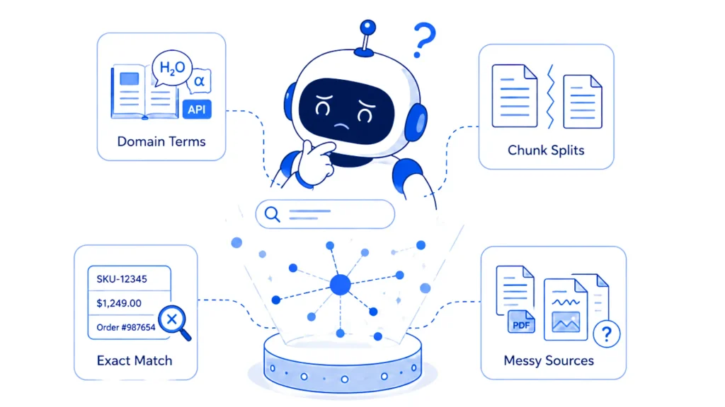 Illustration showing the limitations of embeddings, including domain-specific terminology, chunking issues, exact-match challenges, and poor-quality source data.