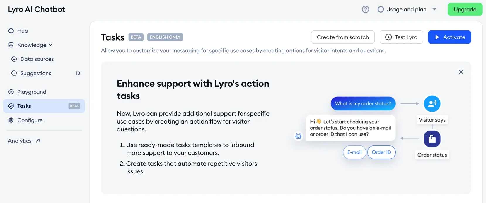 Tidio Lyro Tasks screen showing an action task for checking an order status