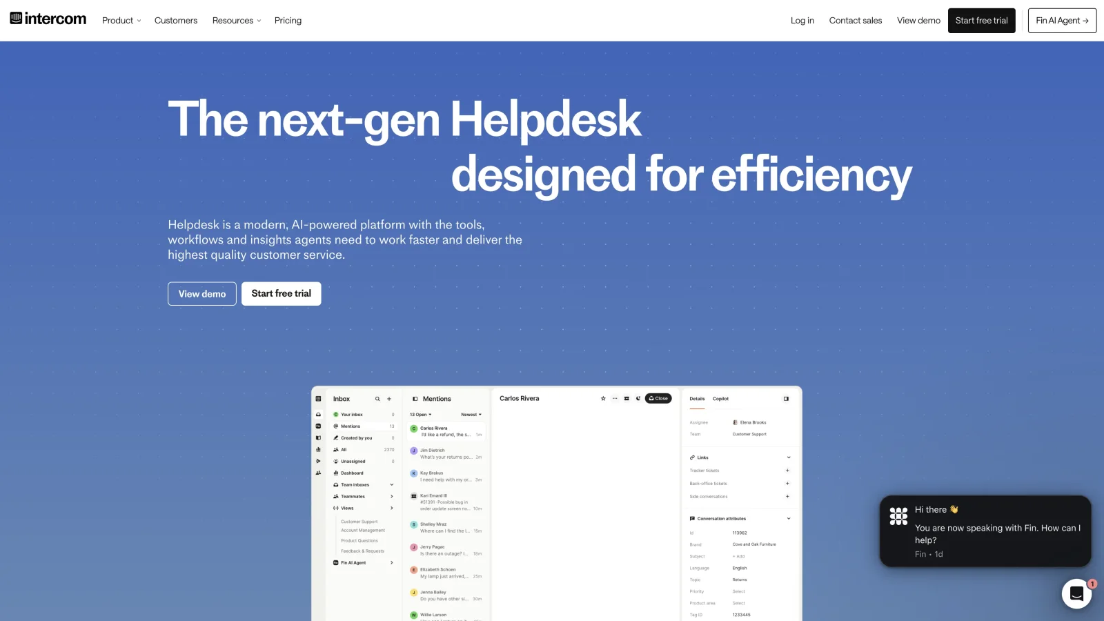 Intercom Helpdesk showing Inbox and the customer support workspace