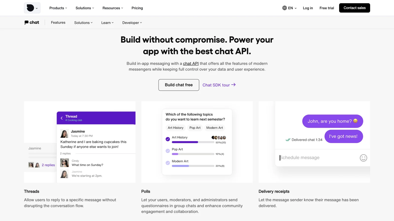 Sendbird Chat threads, polls, and delivery receipt interfaces