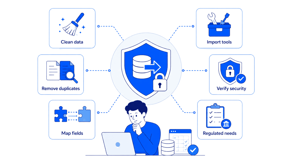 CRM data migration workflow showing data cleanup, field mapping, import tools, and security verification.