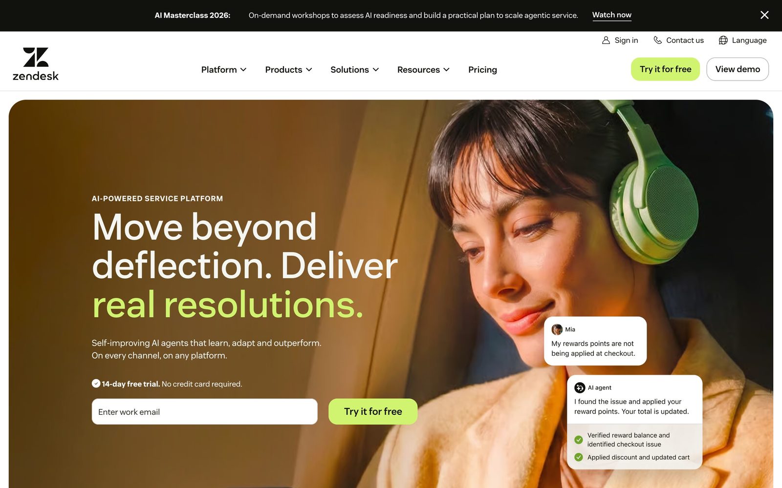 Zendesk AI Agents webpage showing service tagline, customer chat interface, and user images
