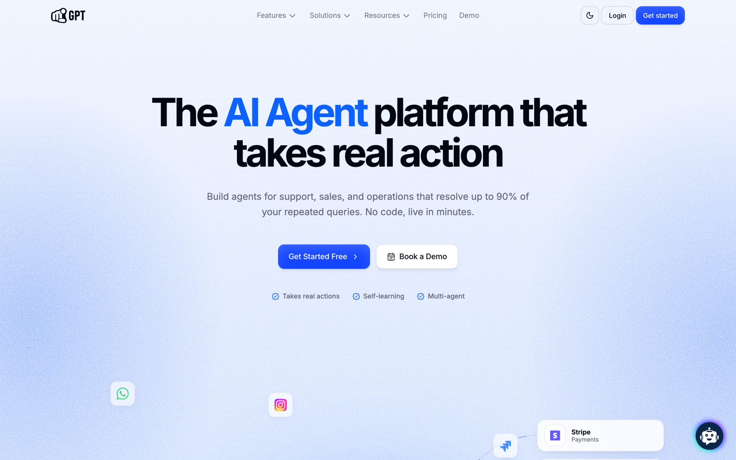 YourGPT homepage showing the AI agent platform for support, sales, and operations