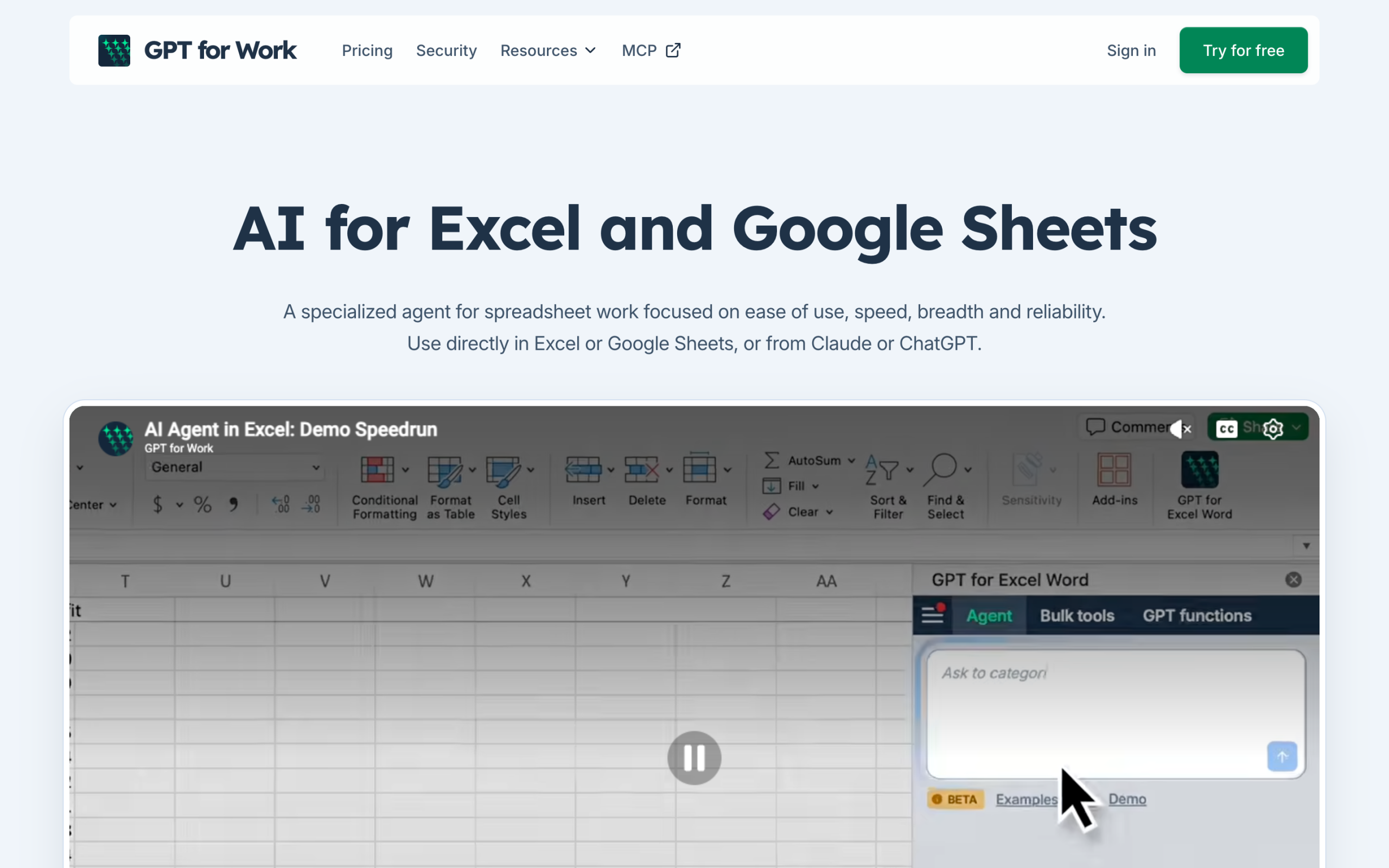 GPT for Work homepage showing the AI agent for Excel and Google Sheets