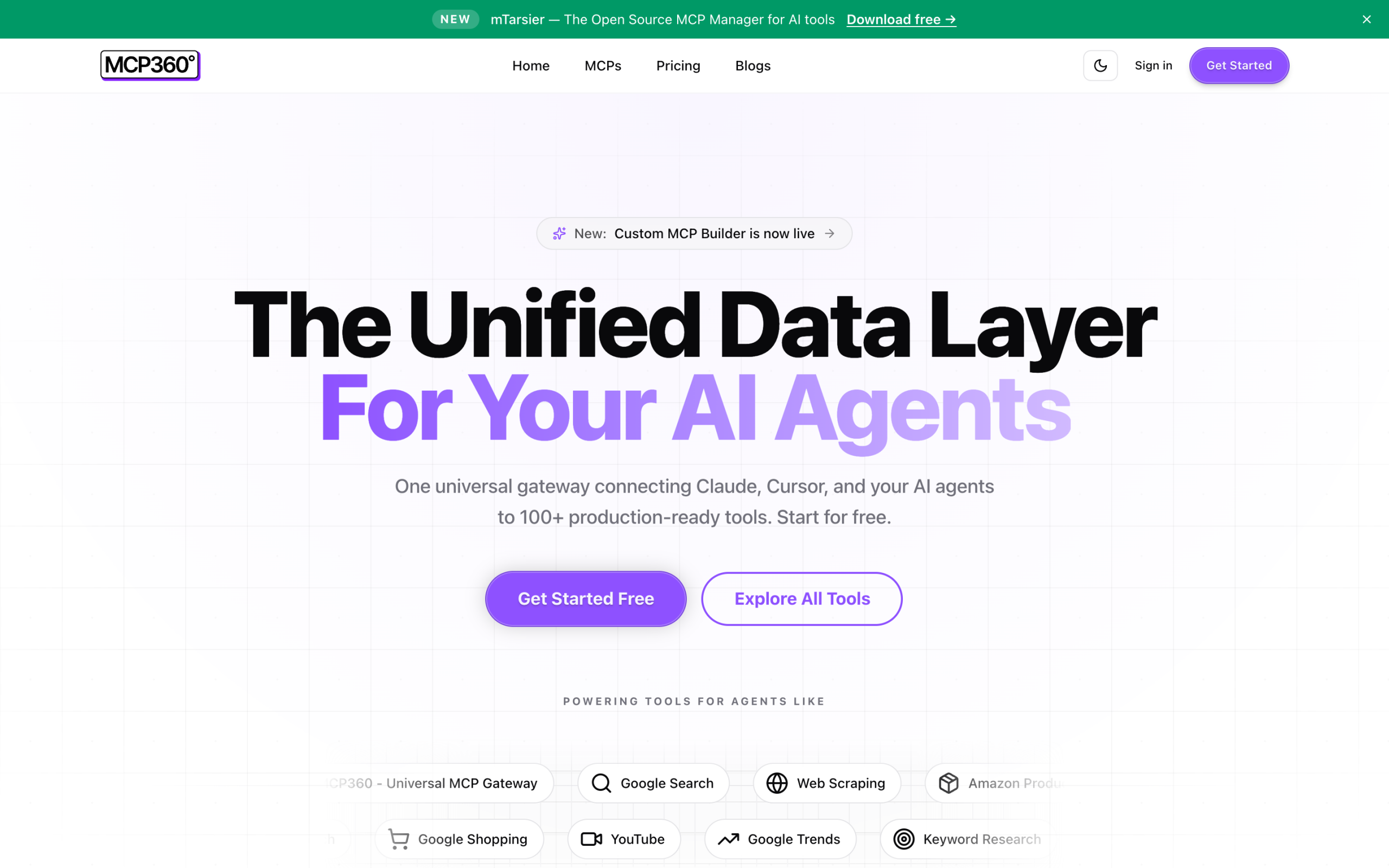 MCP360 homepage showing the unified data layer for AI agents
