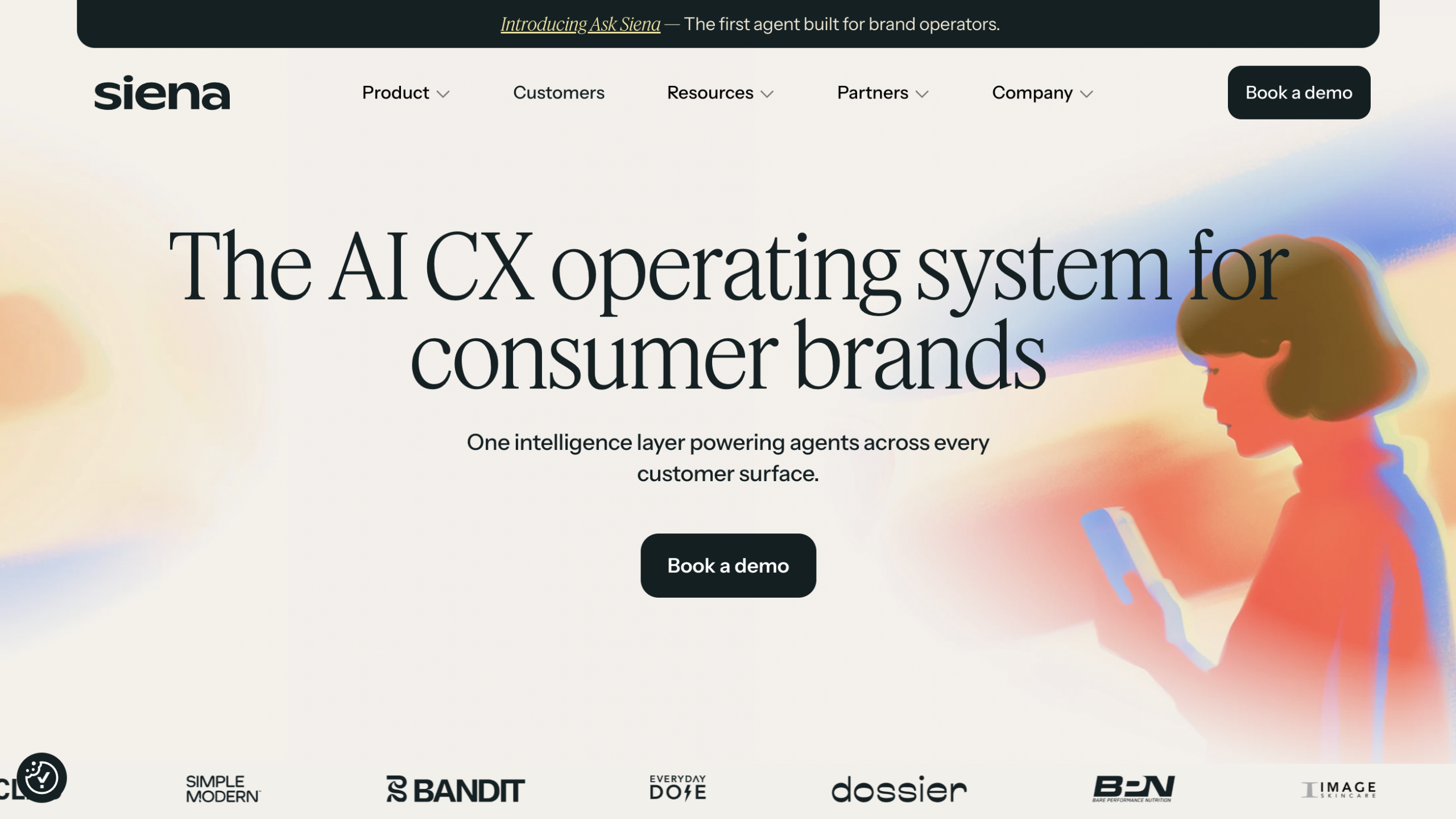 Siena AI landing page introducing its customer experience platform for consumer brands