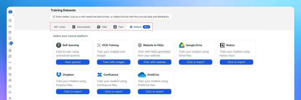 YourGPT Training page with Links, Documents, FAQ, Text, and Others tabs and the source cards for each type