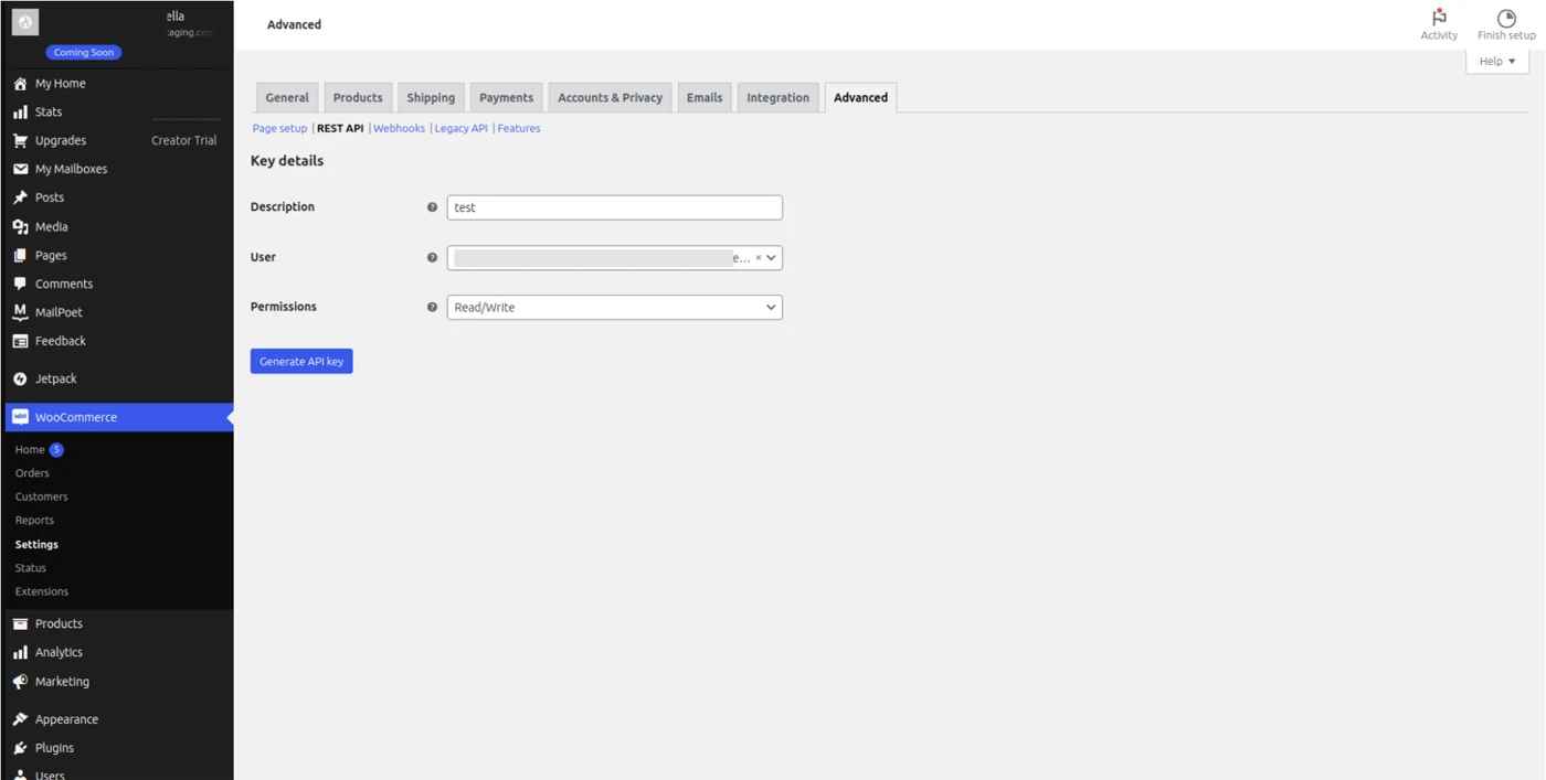 WooCommerce REST API Key details screen with Description, User, Read/Write Permissions, and the Generate API key button