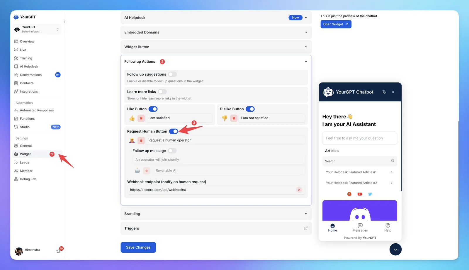 YourGPT Widget settings with Follow up Actions open, Request Human Button turned on, and a Discord URL in the Webhook endpoint field