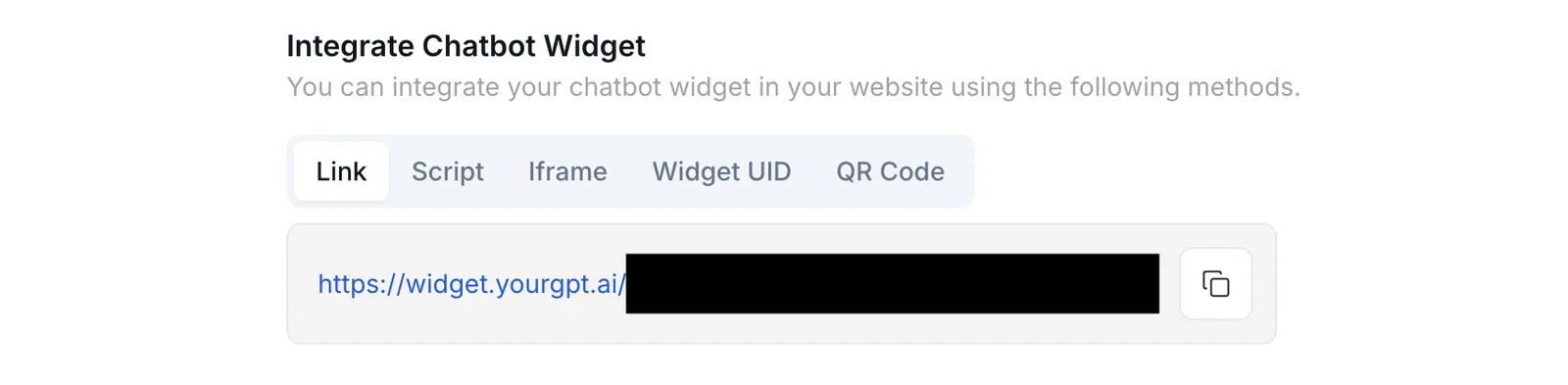 YourGPT Integrate Chatbot Widget panel with the Link tab selected beside Script, Iframe, Widget UID, and QR Code