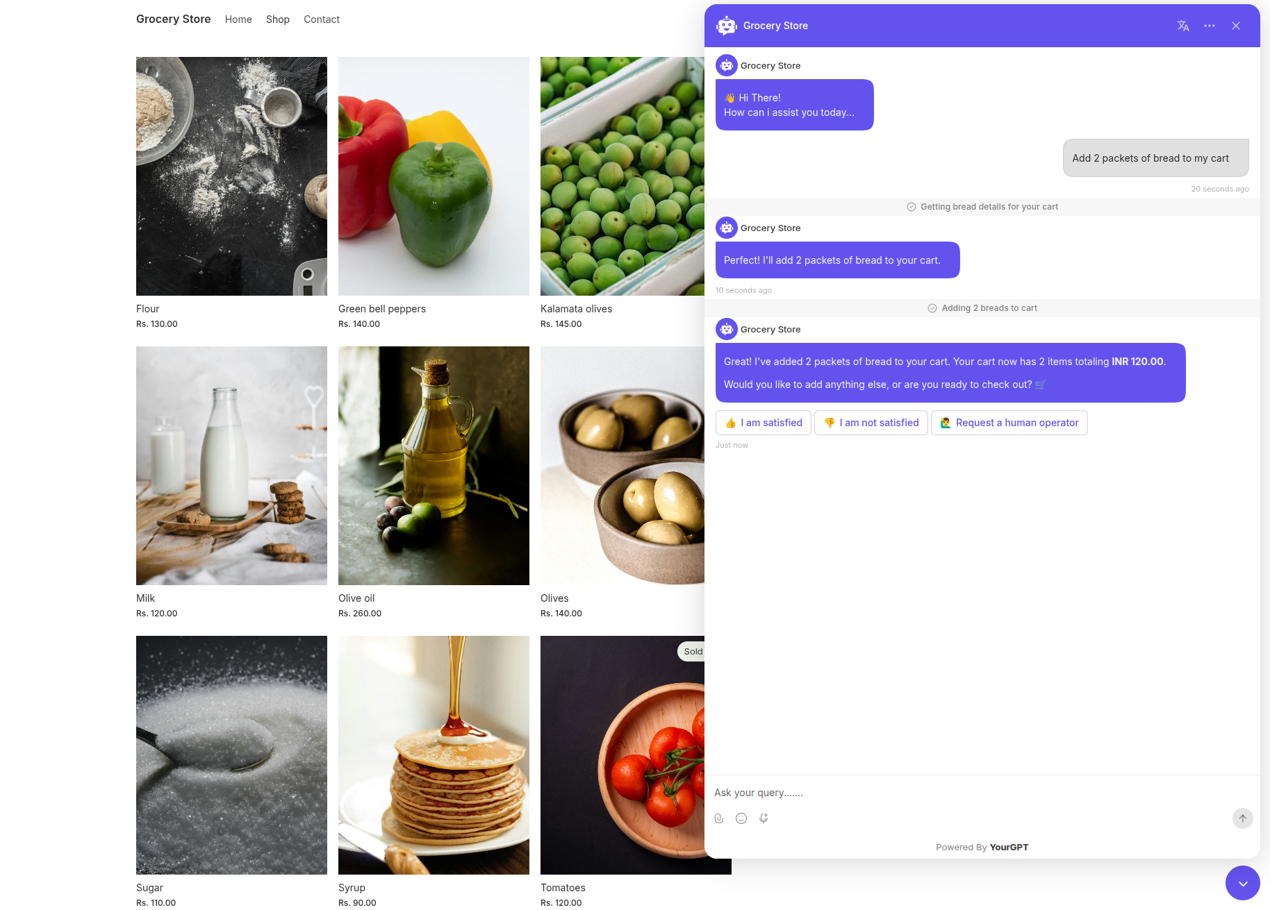 YourGPT Shopify demo showing a shopper asking to add two packets of bread and the agent reporting the cart update