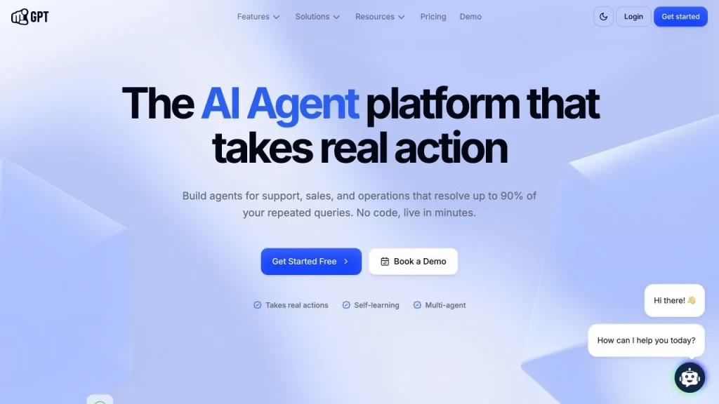 YourGPT homepage showing no-code AI agents for support, sales, and operations