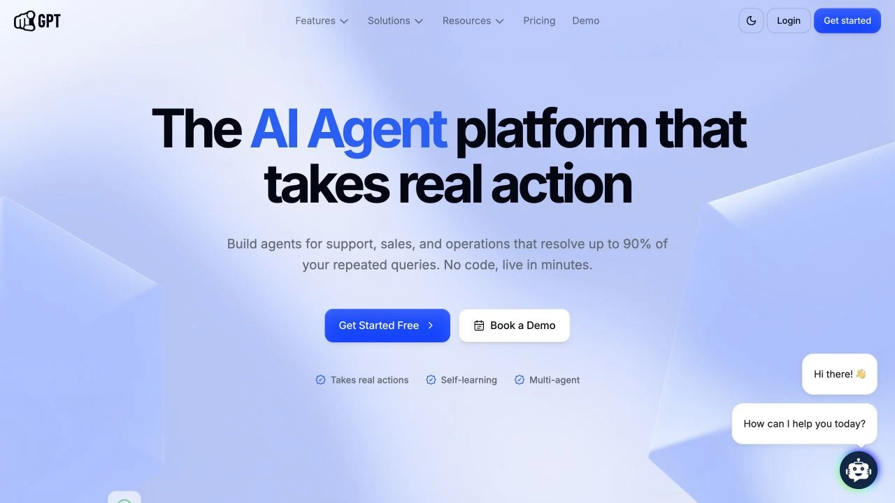 YourGPT homepage showing AI agents for customer support, sales, and operations