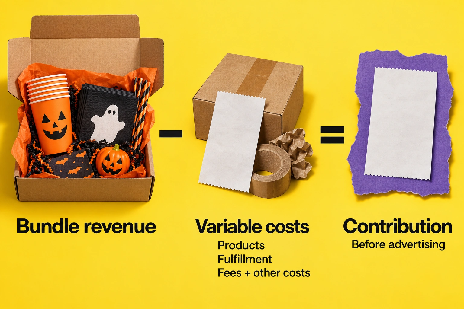 Bundle revenue minus product cost fulfillment fees and other variable costs equals contribution before advertising