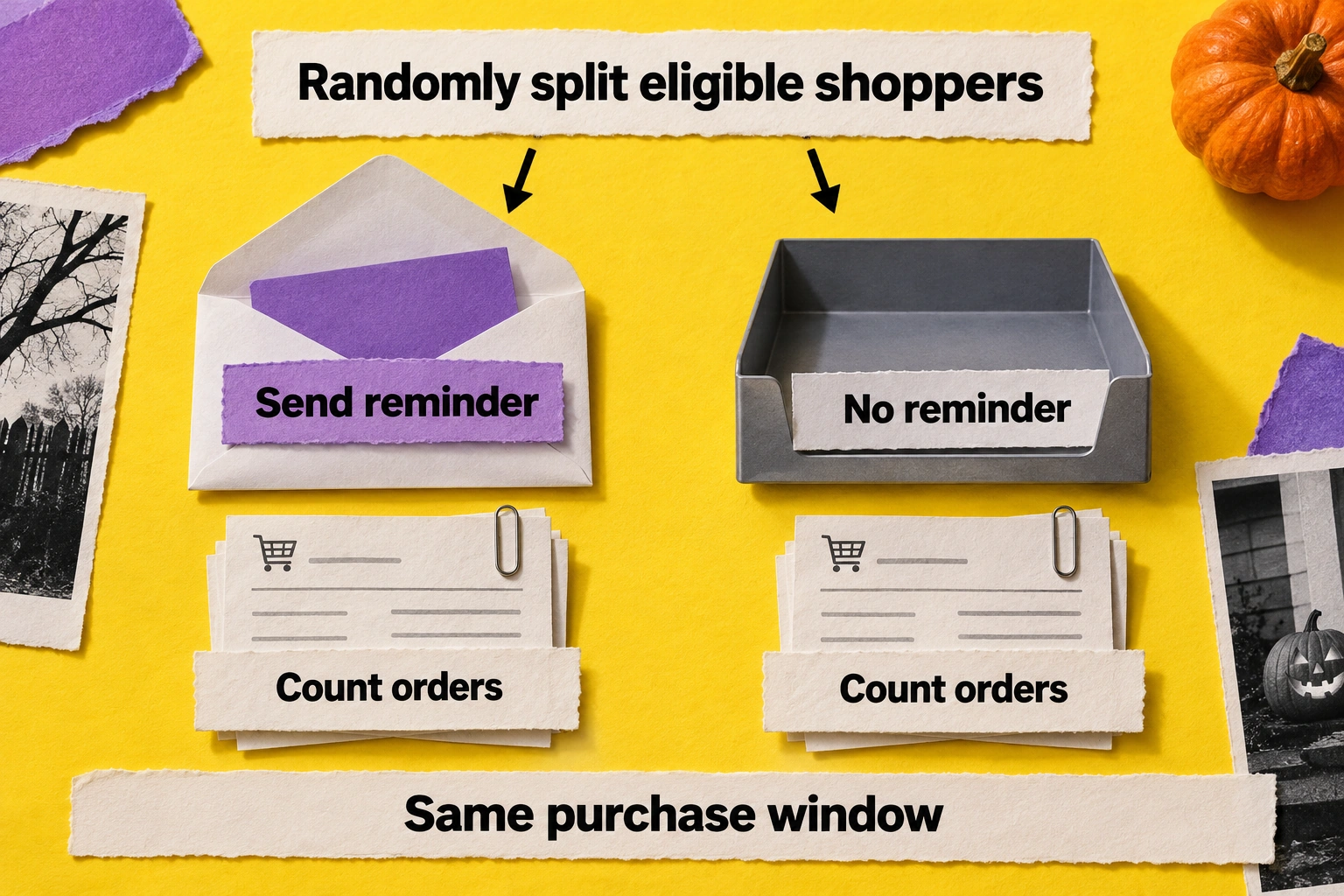 Randomly assign eligible shoppers to a reminder group or a control group that receives no reminder then count orders for both over the same purchase window