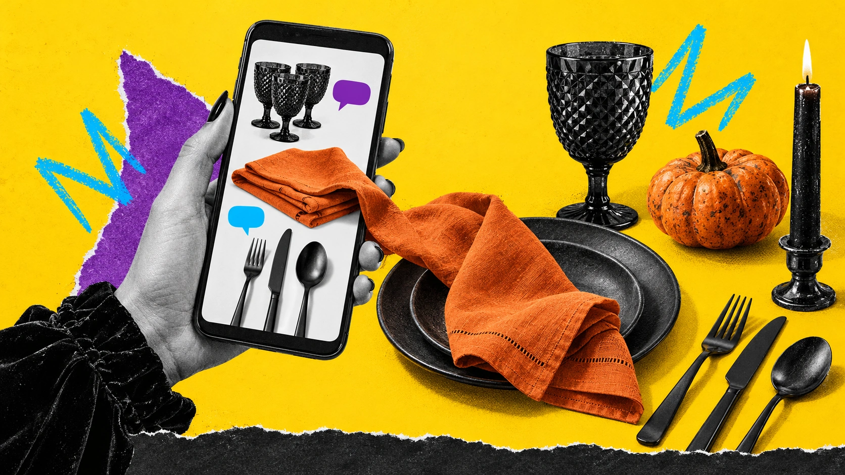 Photographic collage connecting a shopper phone product selection to matching Halloween tableware