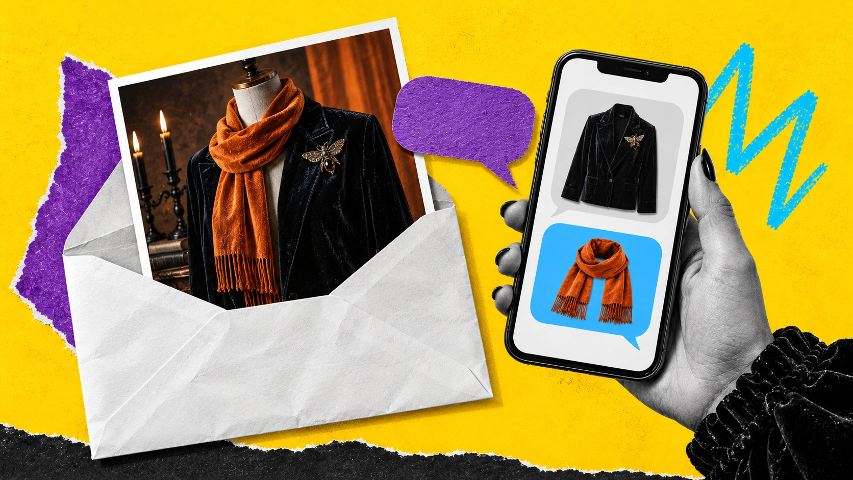 Photographic collage connecting a Halloween collection announcement with a two way shopper conversation