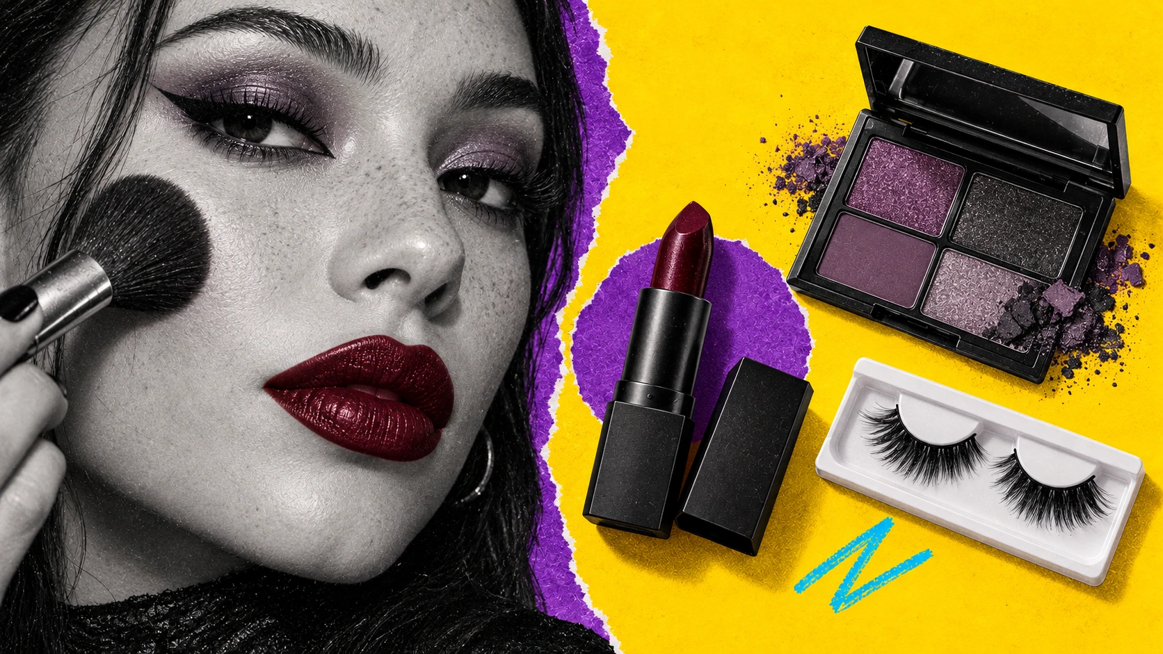 Photographic collage linking a creator Halloween makeup tutorial to its exact lipstick palette and lash products