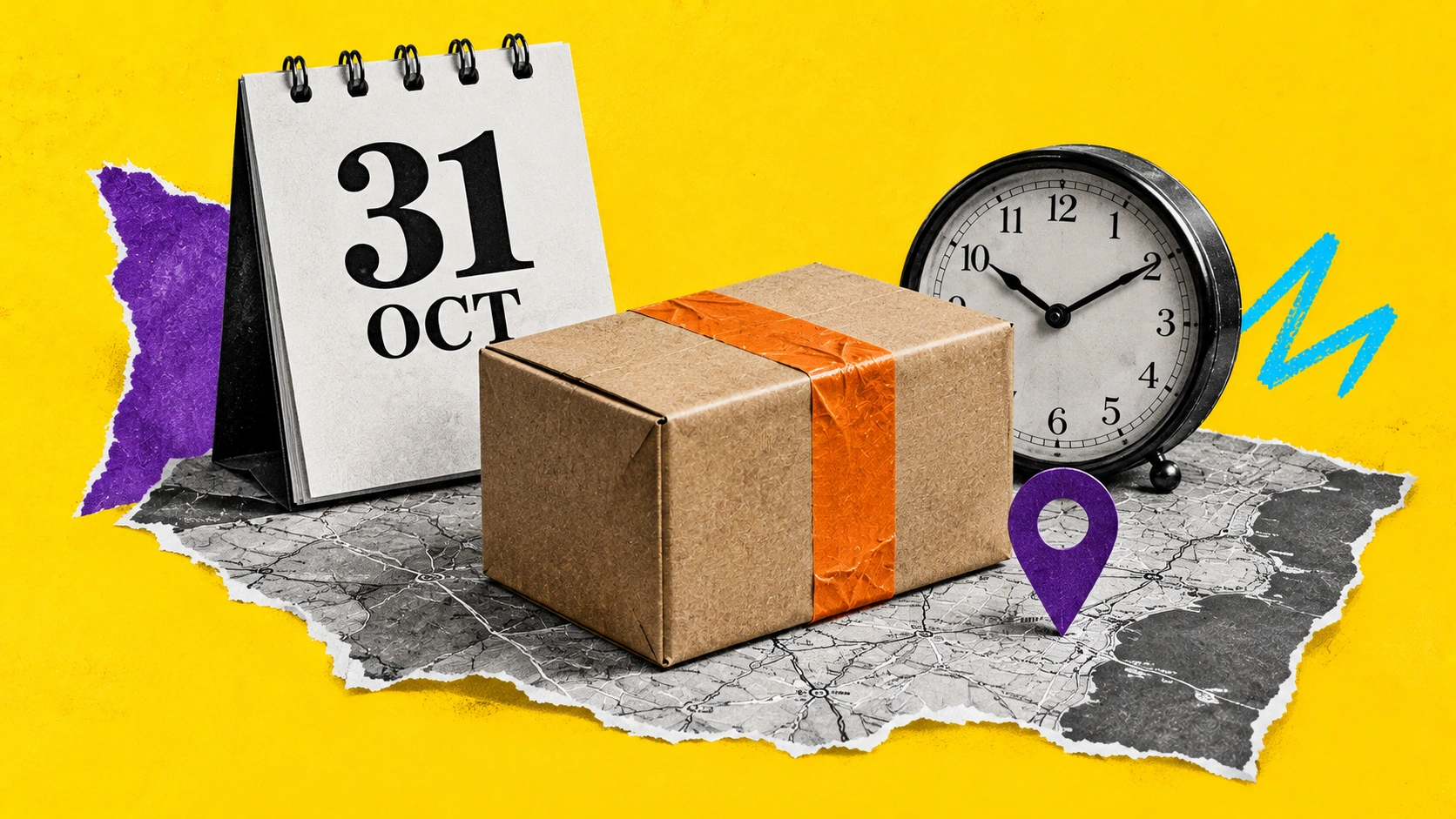 Photographic collage combining a shipping parcel destination map clock and October 31 calendar page
