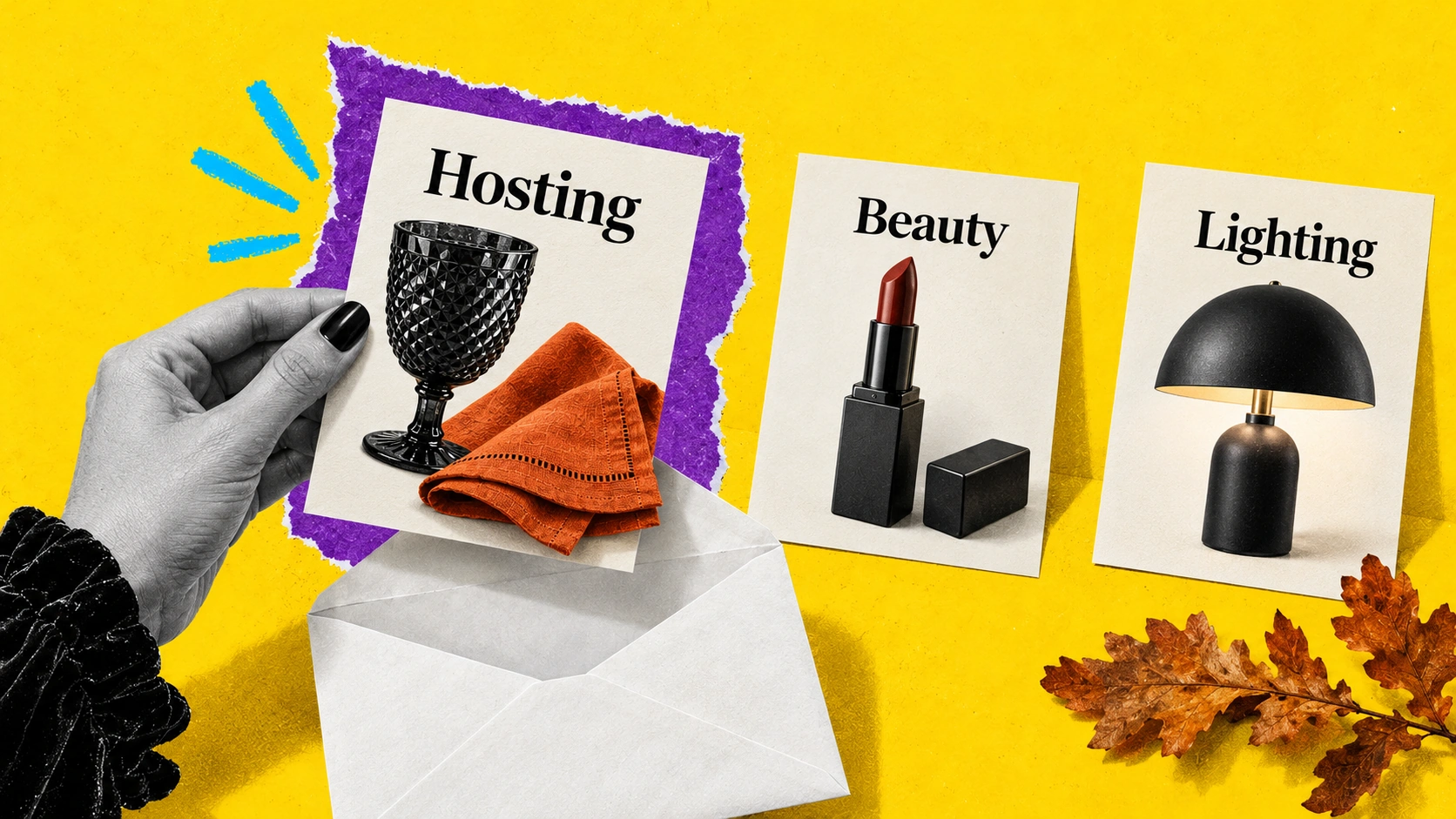 Photographic collage of category preference cards with matching hosting beauty and lighting products