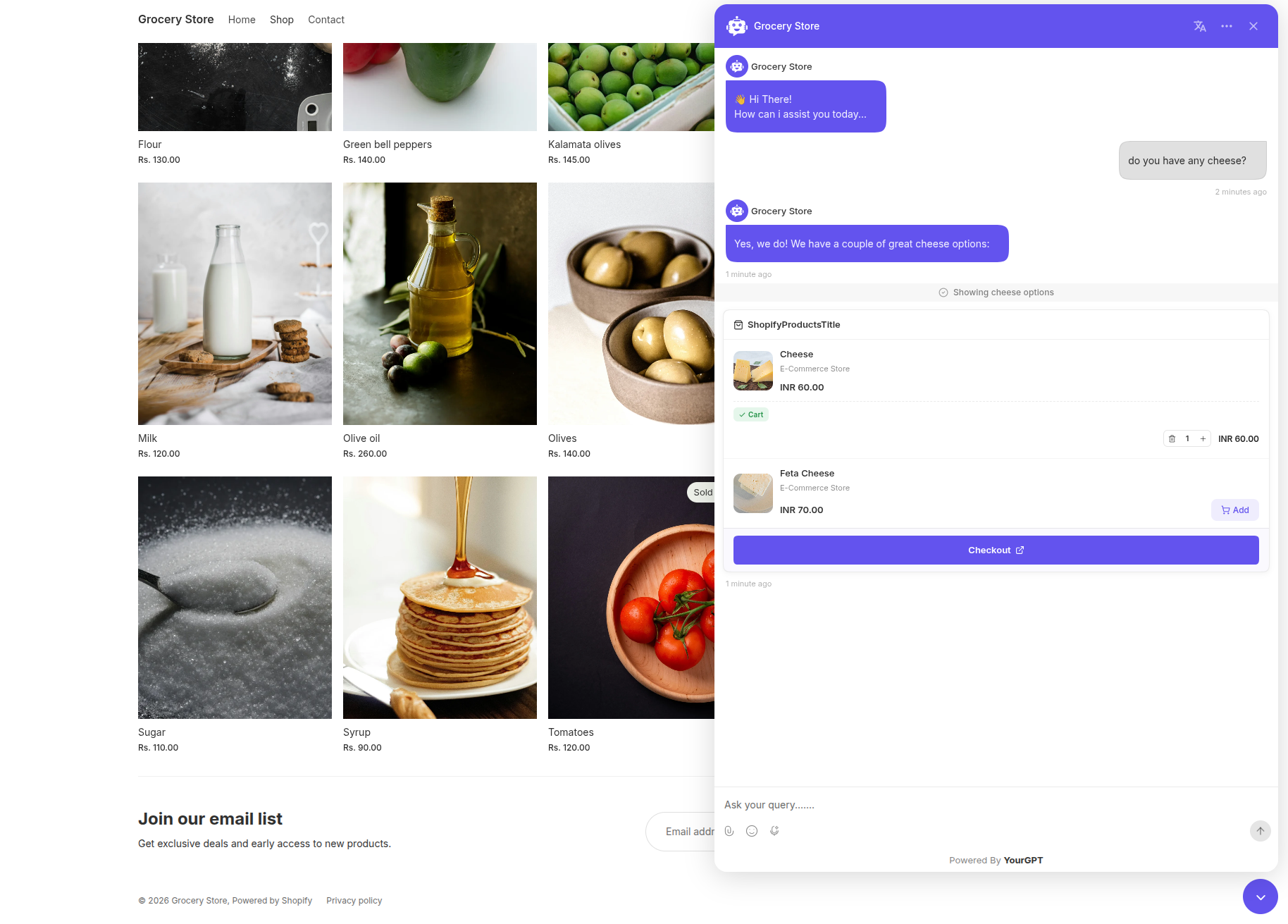 Official YourGPT screenshot showing Shopify product cards cart controls and checkout