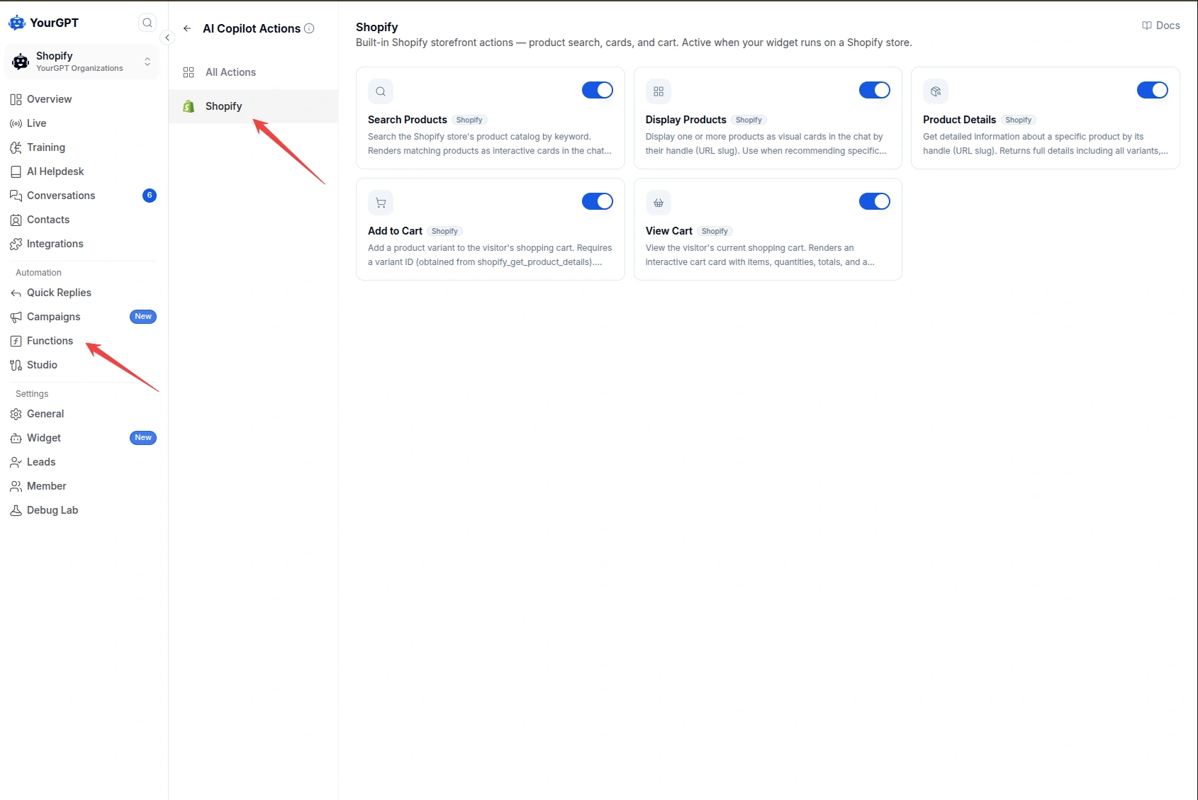 YourGPT Shopify AI Copilot Actions showing Search Products Display Products Product Details Add to Cart and View Cart