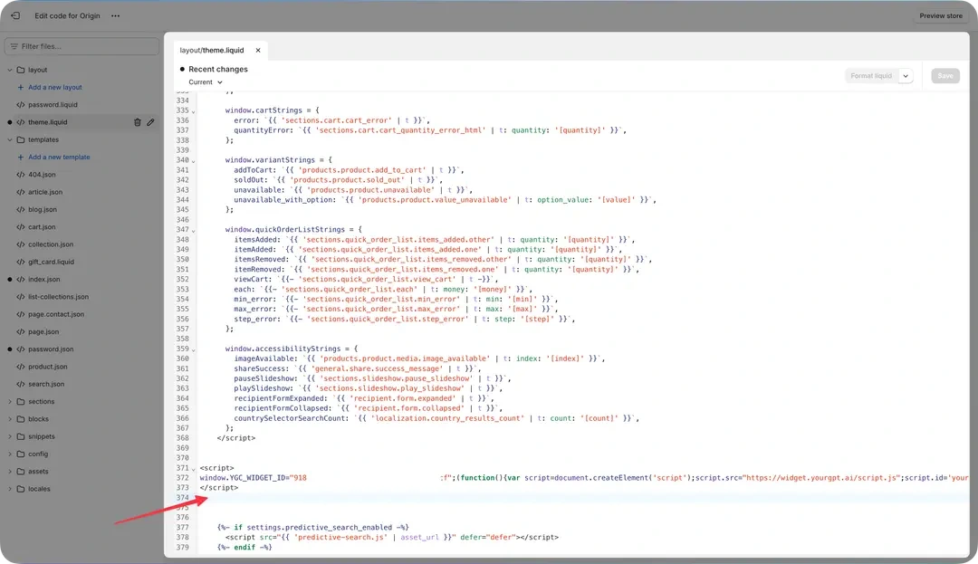 Official YourGPT Shopify installation screenshot with the widget script in theme.liquid