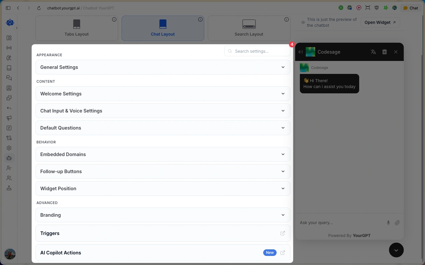 YourGPT widget settings with Welcome Settings Default Questions and Follow-up Buttons