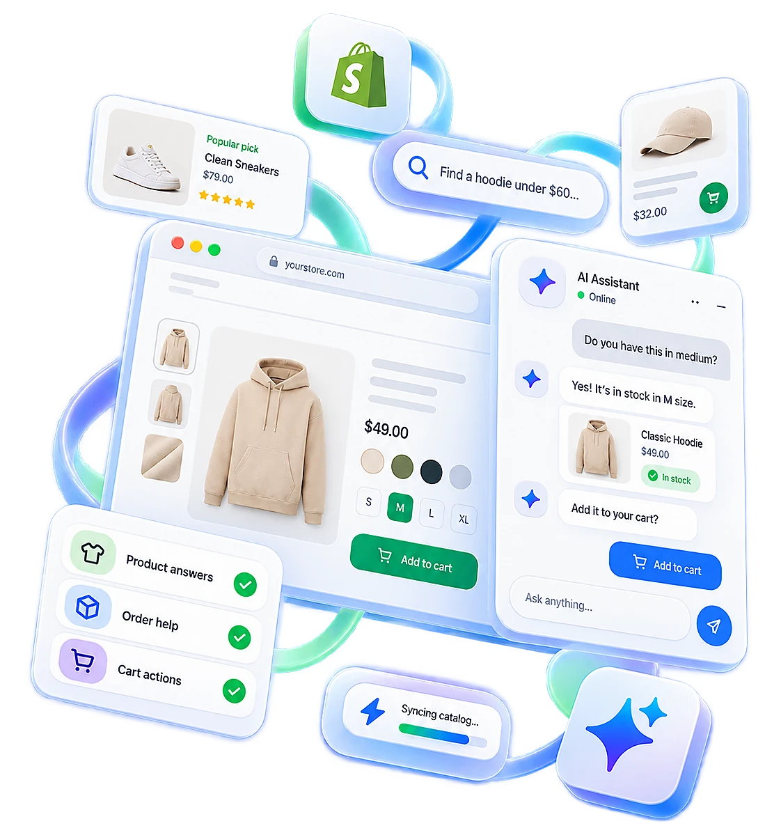 Shopify product page and AI support conversation showing product details and cart actions