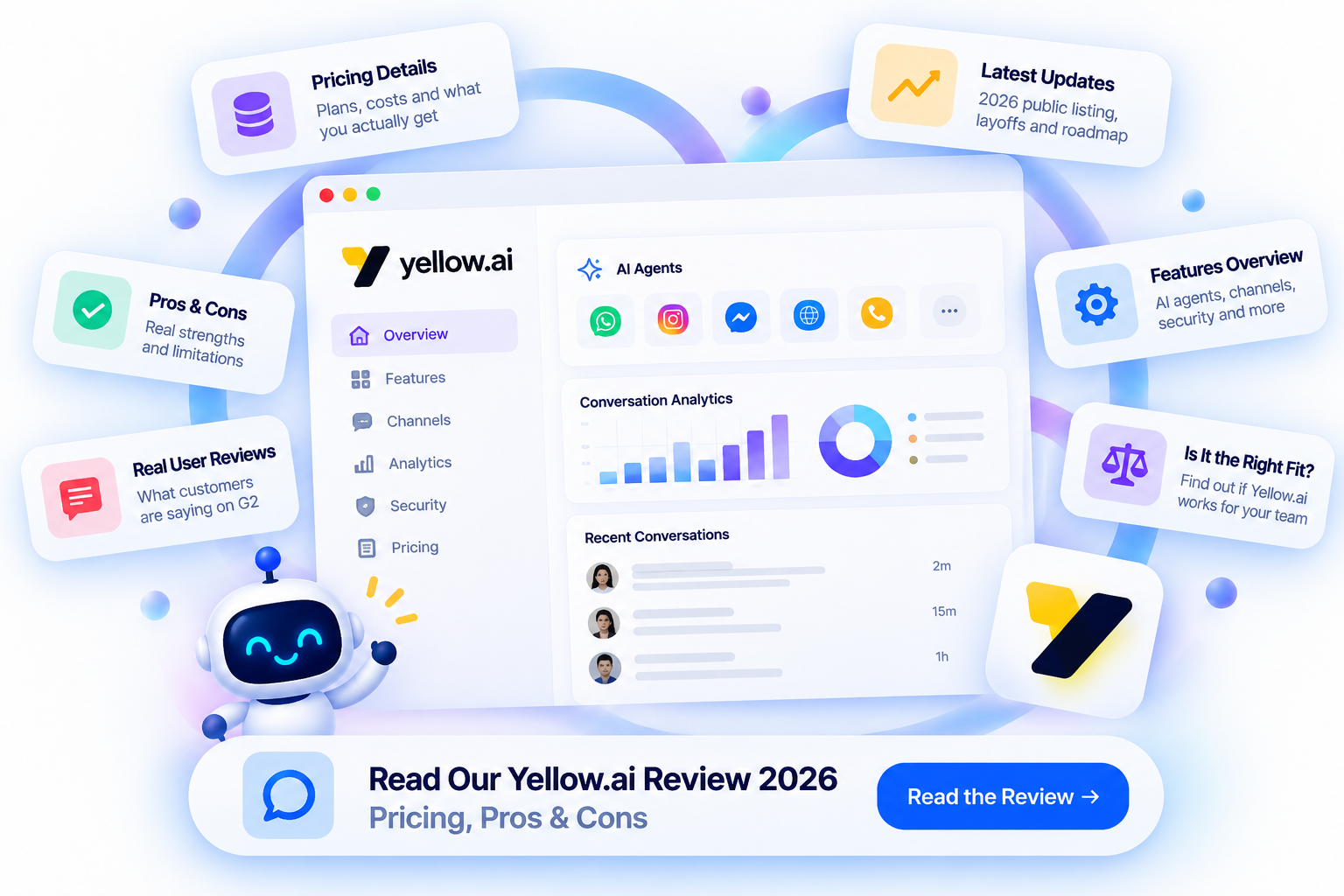 Yellow.ai Review 2026 dashboard illustration showing AI agent features, pricing, customer reviews, pros and cons