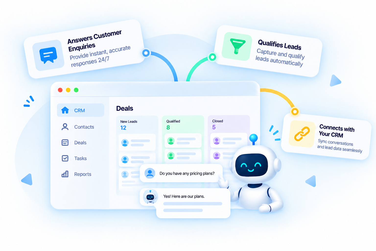 AI-powered CRM dashboard illustration showing YourGPT AI agents handling customer enquiries, qualifying leads, and connecting with CRM systems