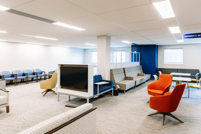 There are several different seating options including lounge, dining and work spaces.