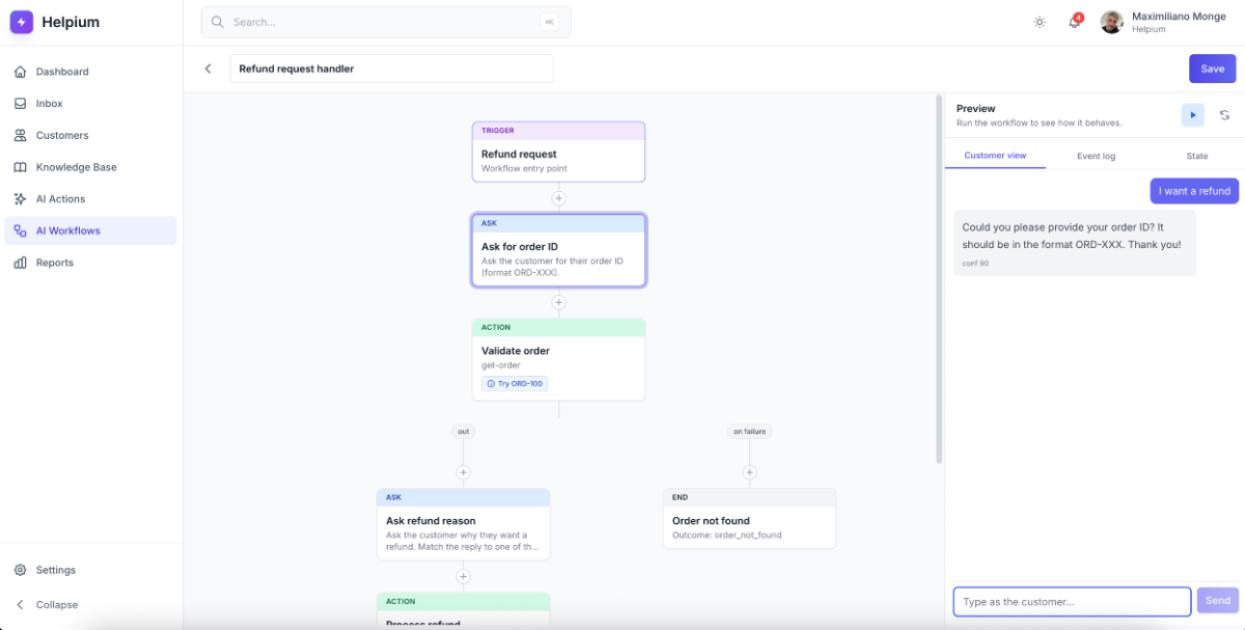 Helpium AI Workflows in action: handle refunds, track packages, and welcome new visitors