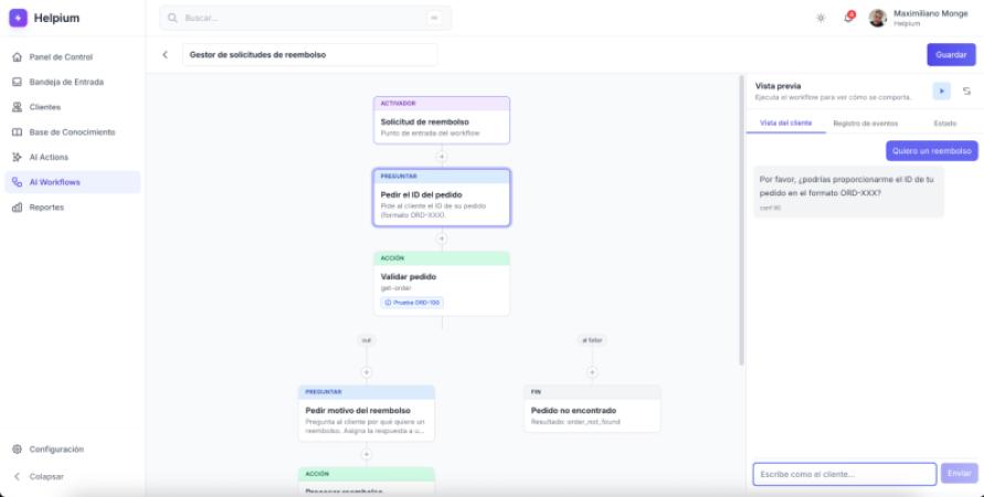 Helpium AI Workflows en acción: reembolsos, seguimiento de envíos y bienvenida a nuevos visitantes