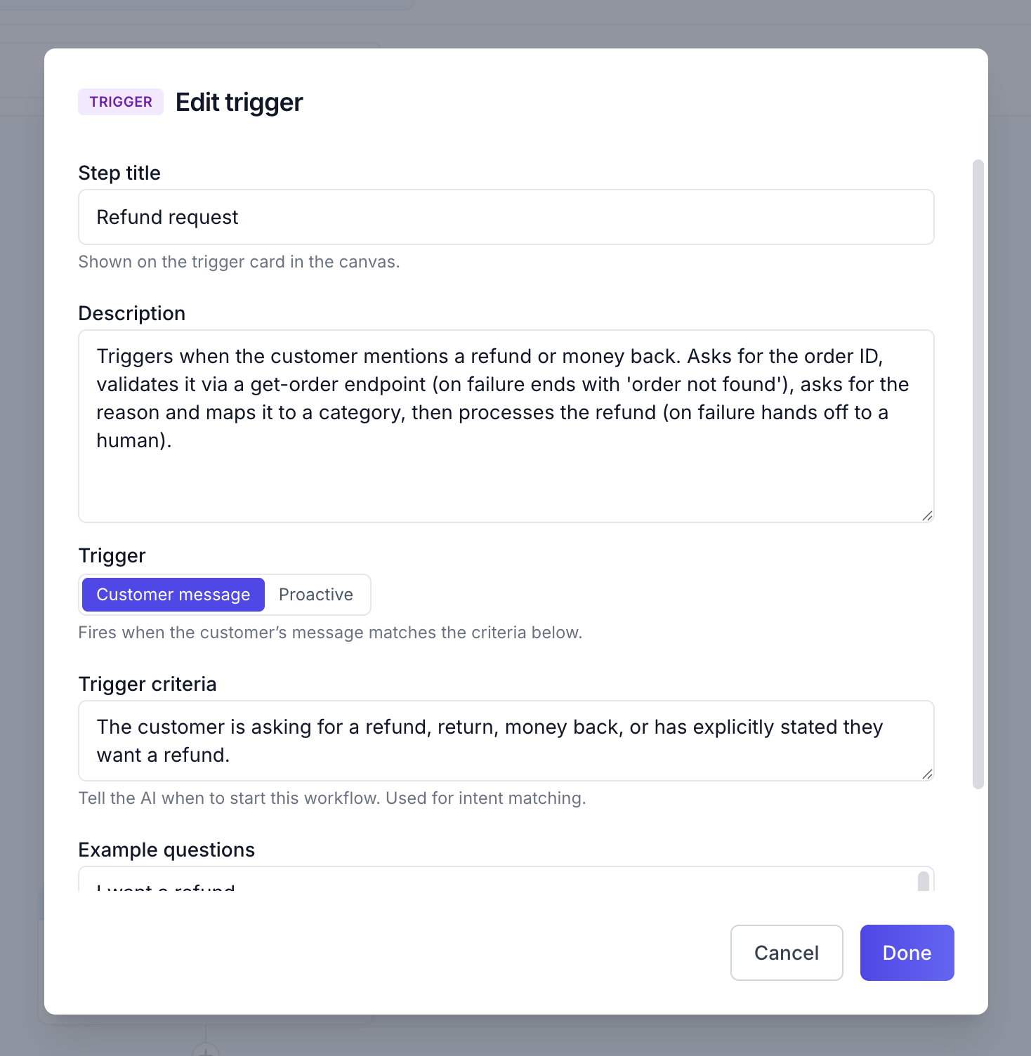 Interface for editing a refund request trigger in a software application