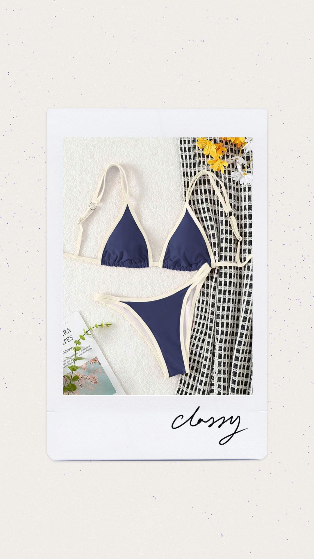 Bikini color azul con bordes beige