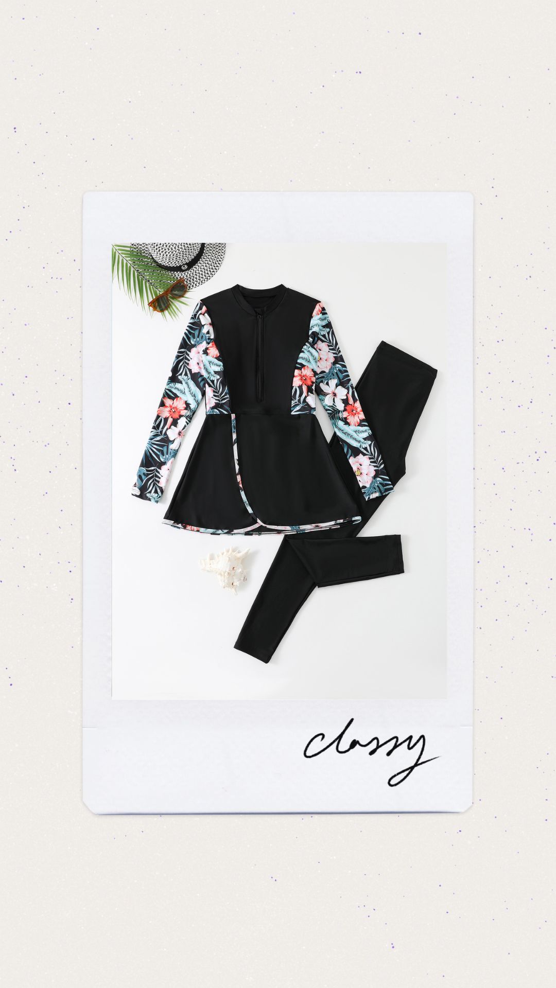 Burkini color negro con estampado de flores 