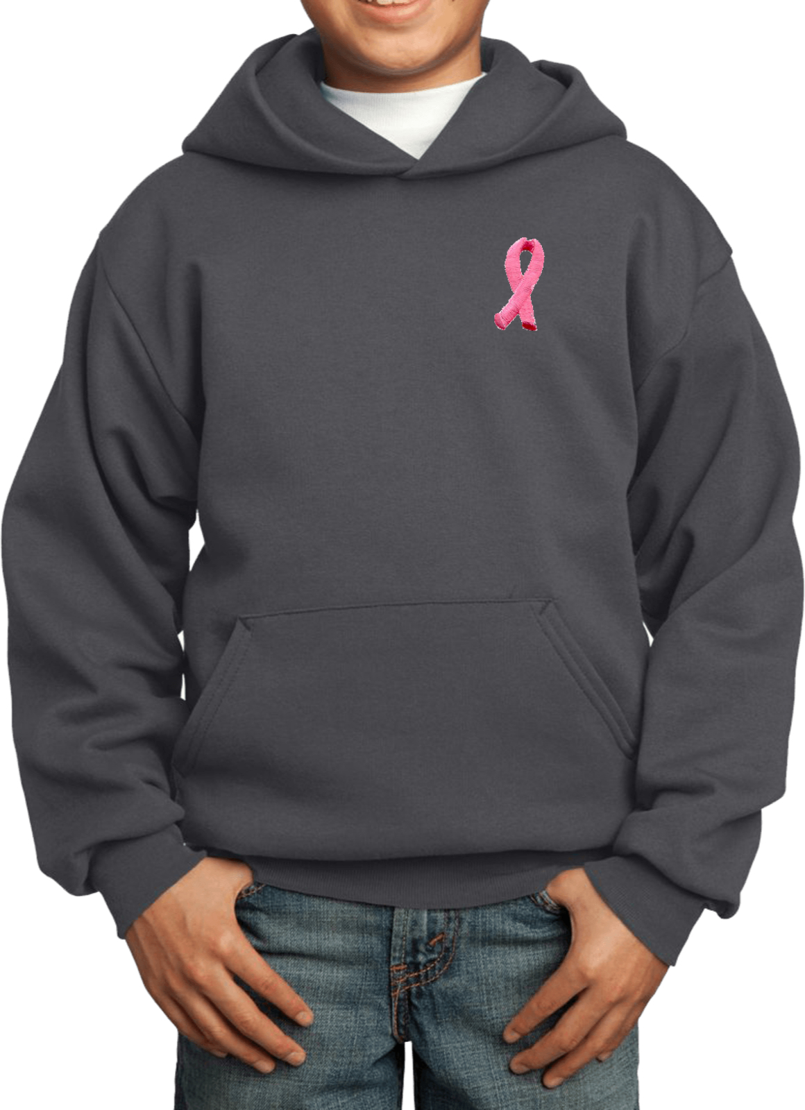 Buy Cool Shirts Kids Breast Cancer Hoodie Embroidered Pink Ribbon Pocket Print - Picture 5 of 19