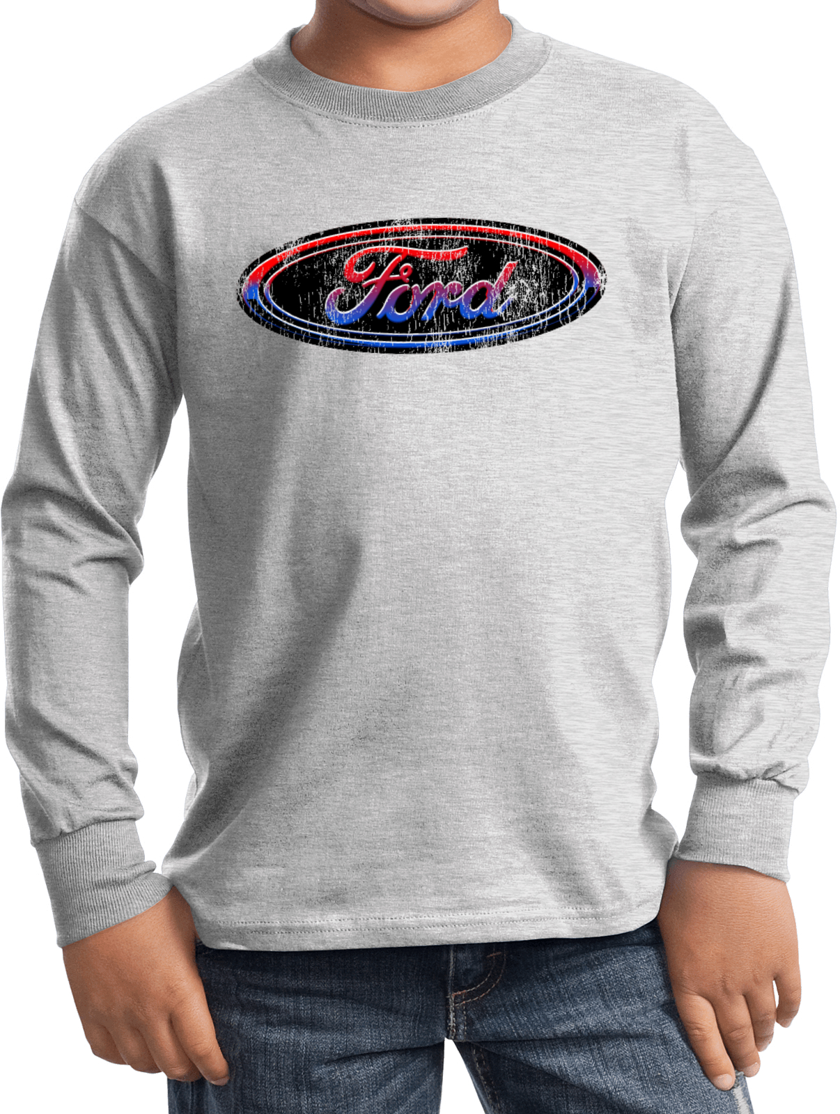Kids Ford Oval T-shirt Distressed Logo Youth Long Sleeve - Picture 2 of 13