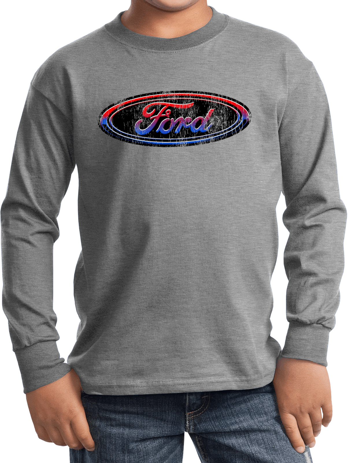 Kids Ford Oval T-shirt Distressed Logo Youth Long Sleeve - Picture 3 of 13