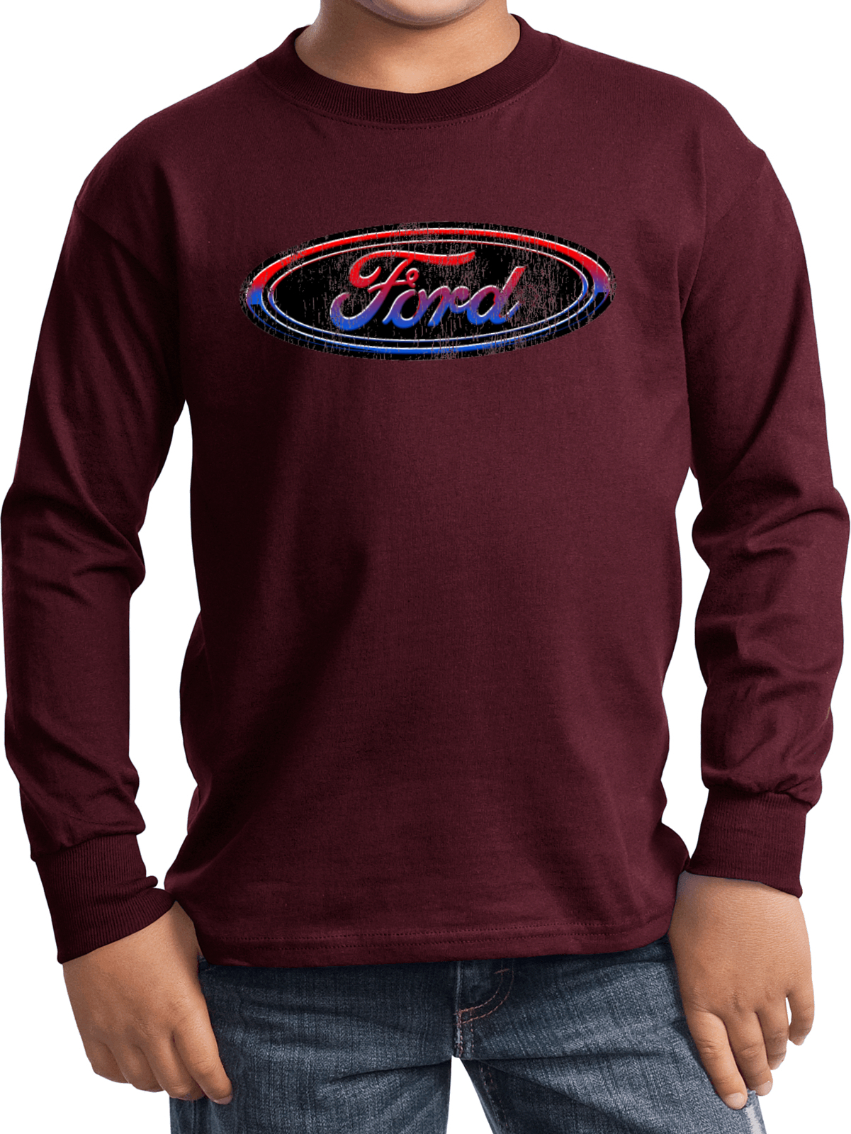 Kids Ford Oval T-shirt Distressed Logo Youth Long Sleeve - Picture 4 of 13