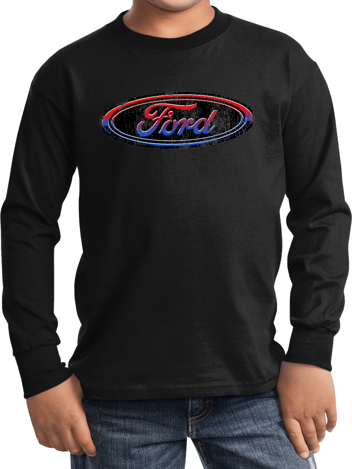 Kids Ford Oval T-shirt Distressed Logo Youth Long Sleeve - Picture 5 of 13