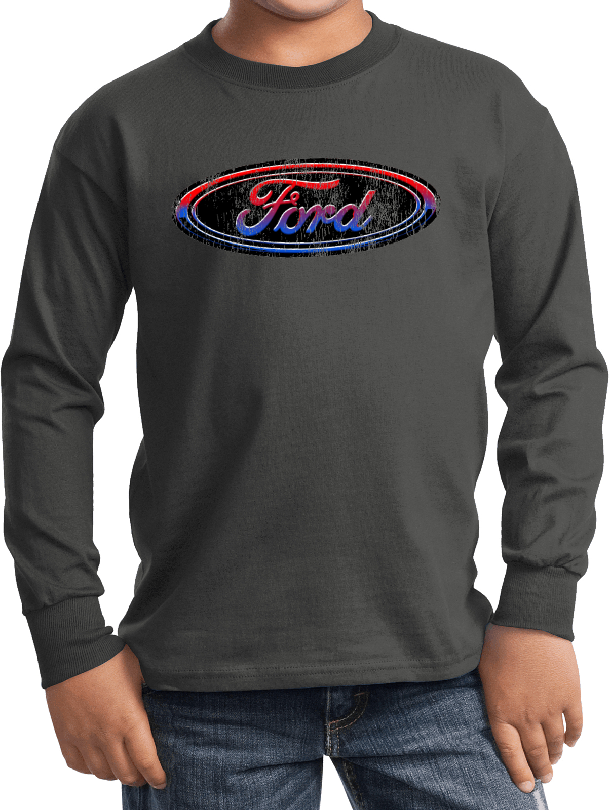 Kids Ford Oval T-shirt Distressed Logo Youth Long Sleeve - Picture 6 of 13