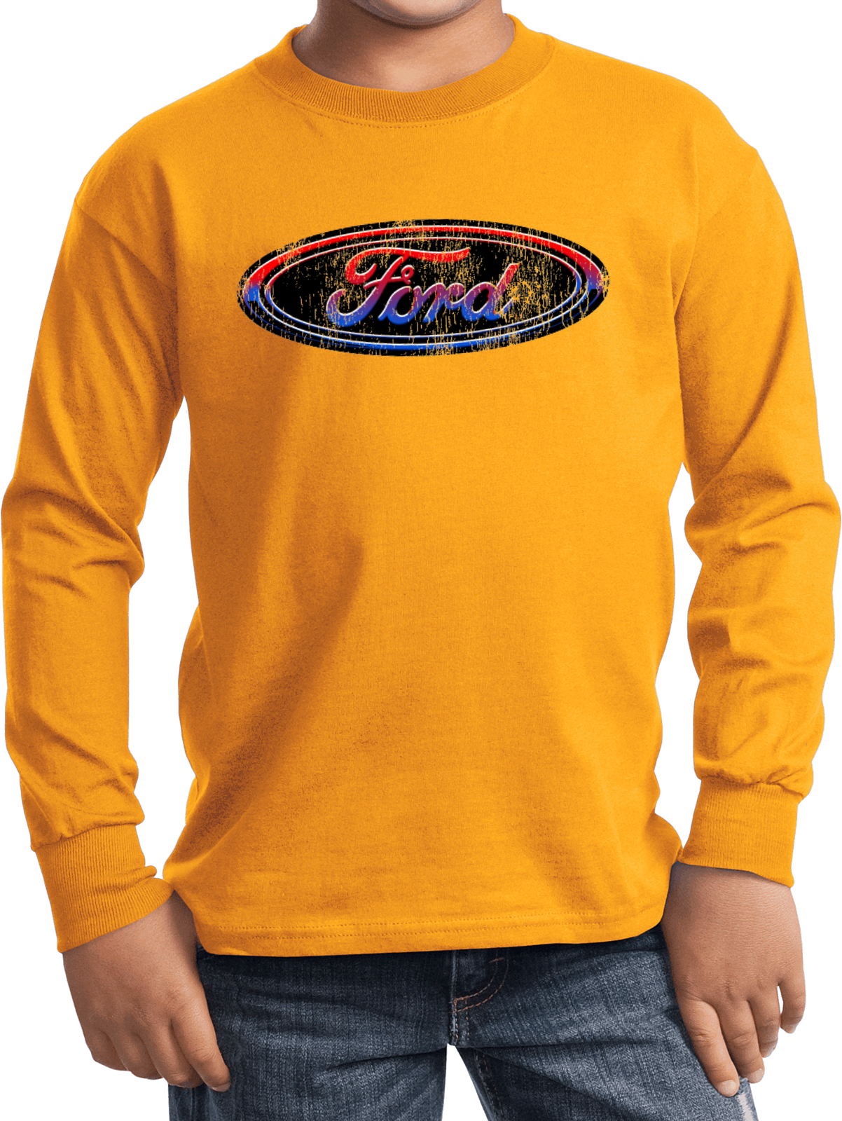 Kids Ford Oval T-shirt Distressed Logo Youth Long Sleeve - Picture 7 of 13
