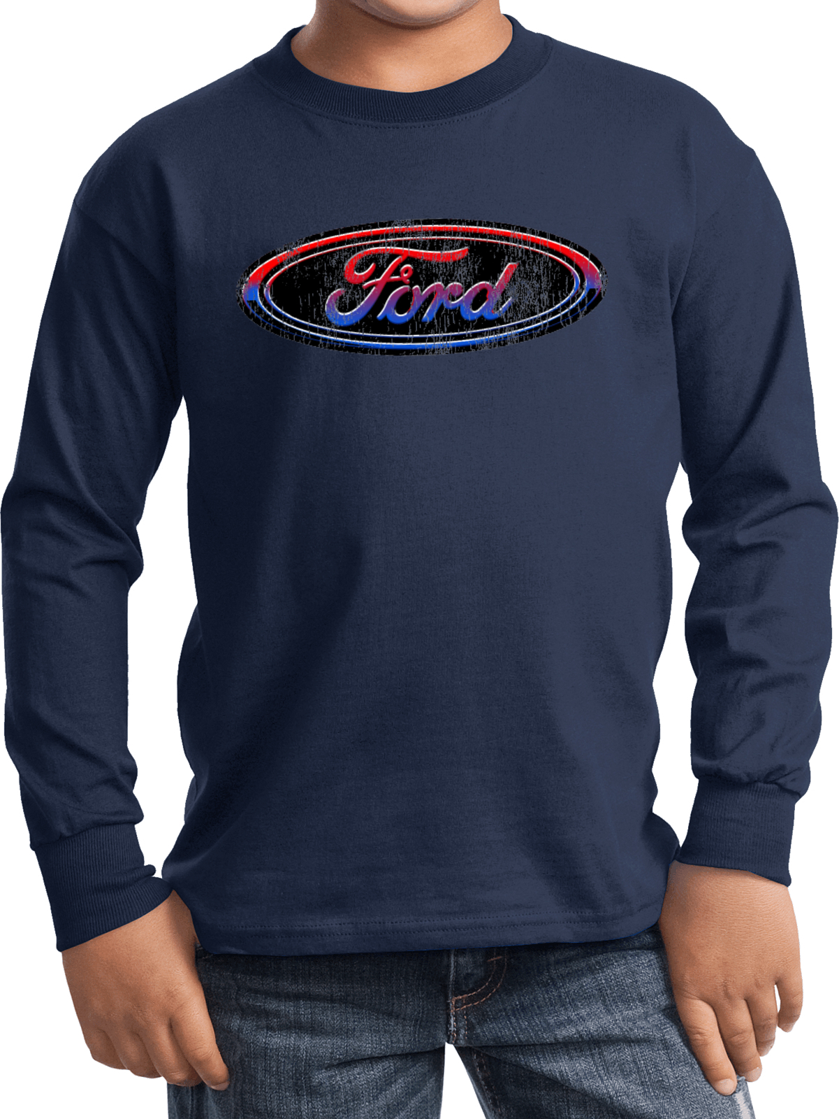 Kids Ford Oval T-shirt Distressed Logo Youth Long Sleeve - Picture 8 of 13